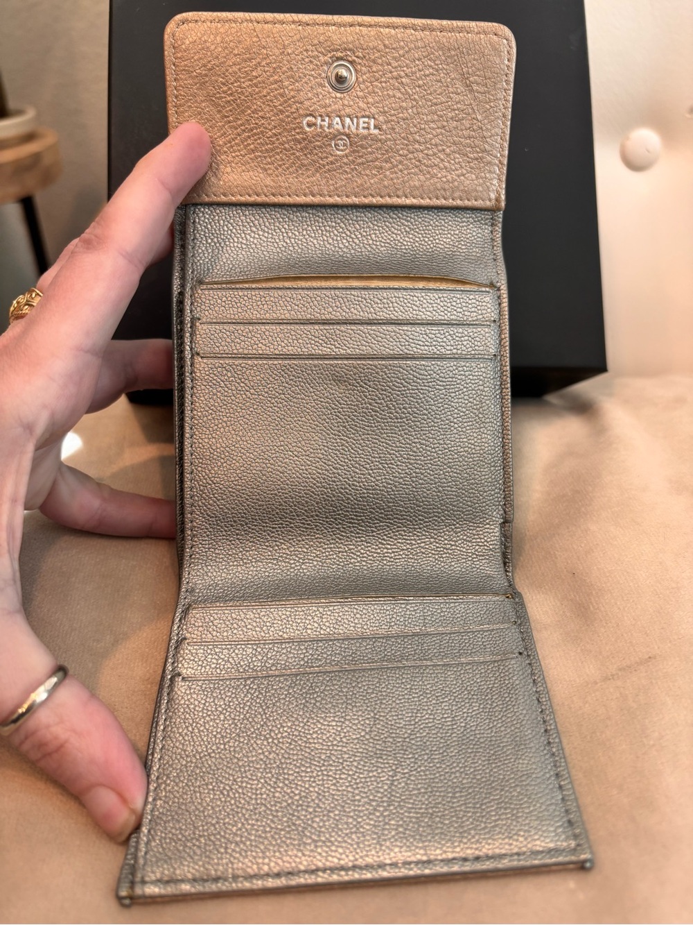 CHANEL Metallic Calfskin Bicolor Diamond Stitch Trifold Compact Wallet - Picture 10 of 16